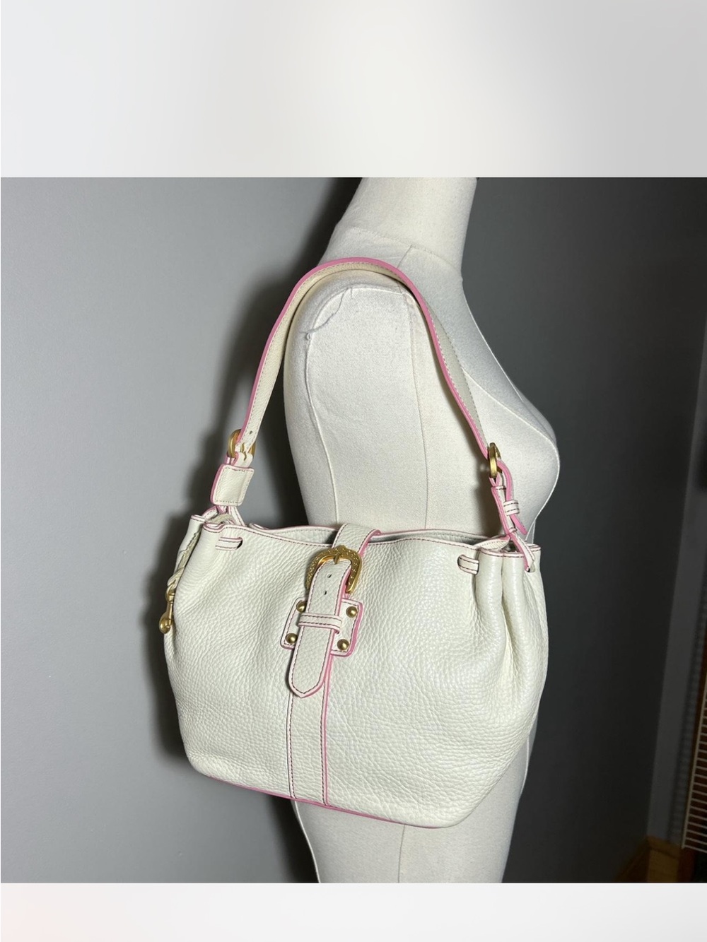 Dooney & Bourke White Pebbled Leather Shoulder Bag with Pink Trim